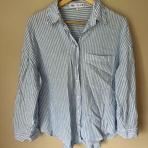Zara Linen Blend Button Down Shirt size Large Blue & White